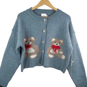 NWT Luna Ivy Cozy Blue Cardigan with Teddy Bear Print Design in size medium